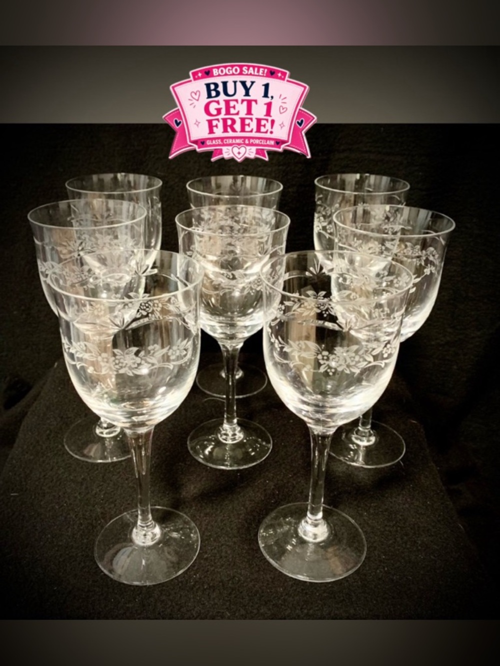 🔽PRICE DROP Etched Floral Stemware Glasses – “N” Marked Set of (8) Noritake
